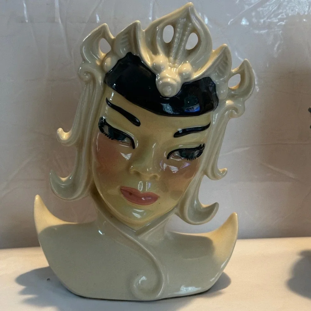 Vintage Ceramic Head Vase Pair Asian Man Woman Bust Planter Mid Century Style